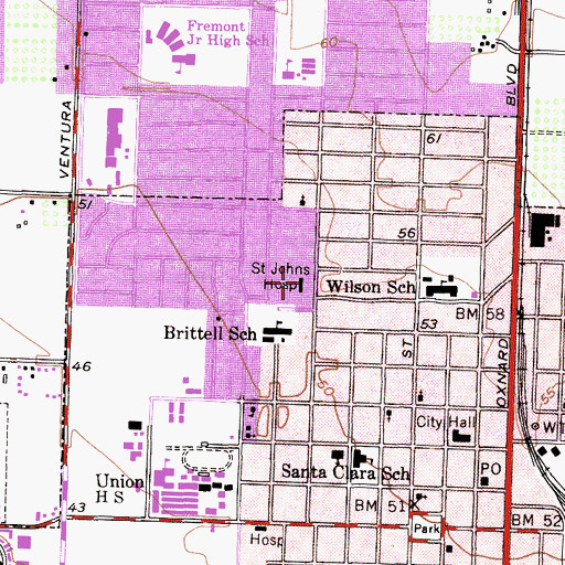 Topographic Map of Saint Johns Hospital, CA