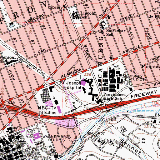 Topographic Map of Providence Saint Joseph Medical Center, CA