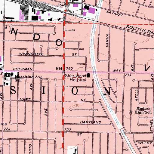 Topographic Map of Sher-Wood Hospital, CA