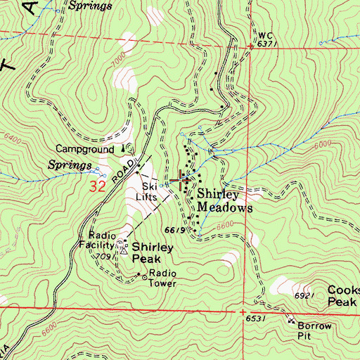 Topographic Map of Shirley Meadows, CA