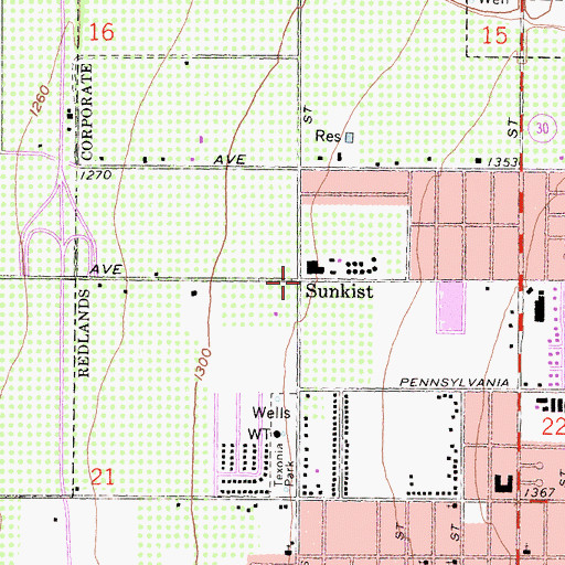 Topographic Map of Sunkist, CA