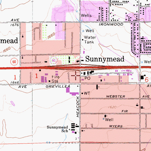 Topographic Map of Sunnymead, CA