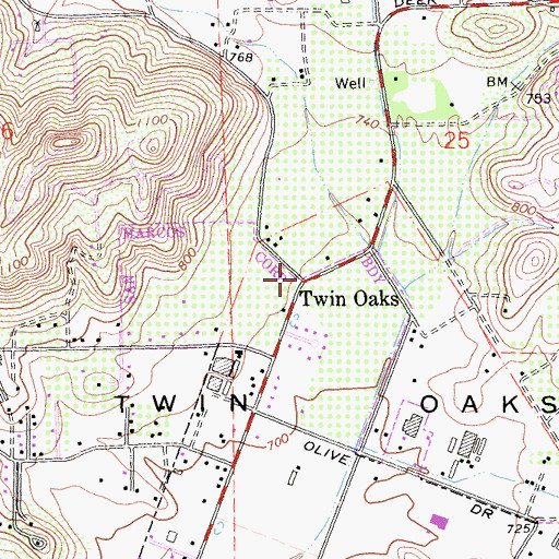 Topographic Map of Twin Oaks, CA