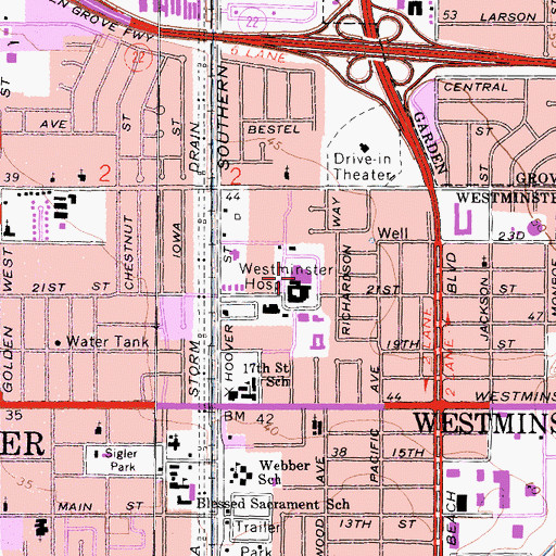 Topographic Map of Kindred Hospital Westminster, CA