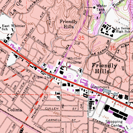 Topographic Map of Whittier Hospital Medical Center, CA
