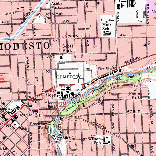 Topographic Map of Saint Stanislaus Cemetery, CA