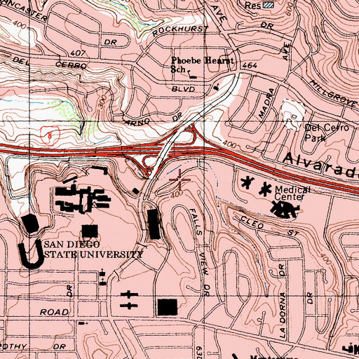 Topographic Map of Villa Alvarado Residence Hall, CA