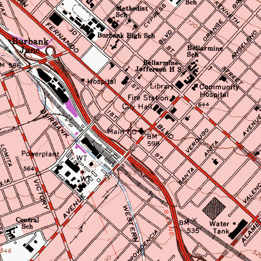 Topographic Map of Downtown Burbank Post Office, CA