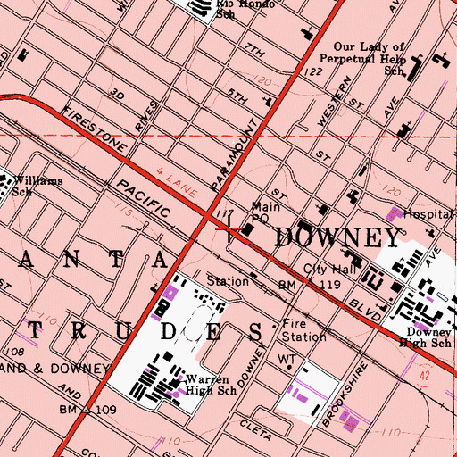Topographic Map of Downey Post Office, CA