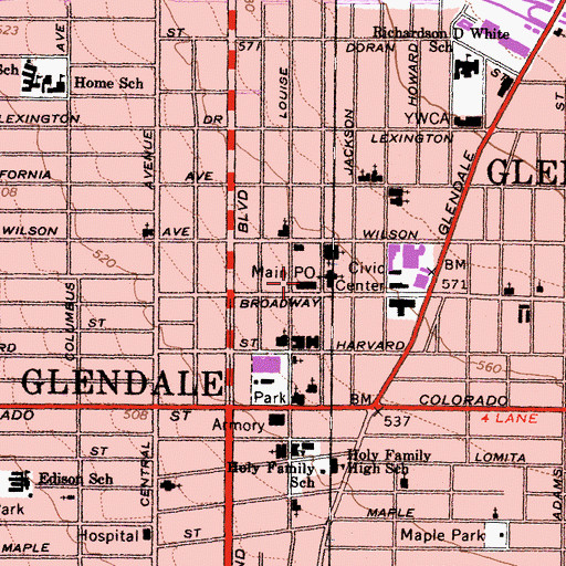 Topographic Map of Glendale Post Office, CA