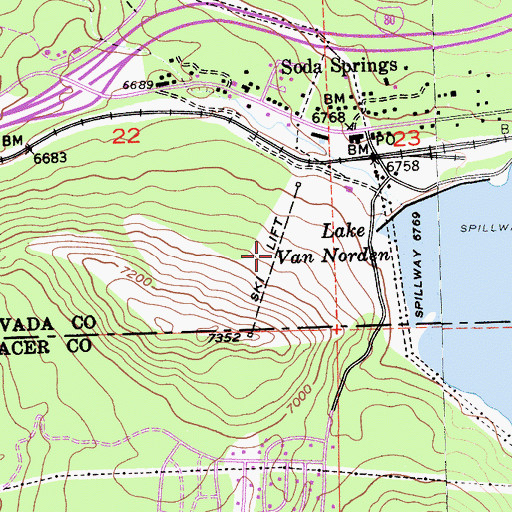 Topographic Map of Soda Springs Ski Area, CA