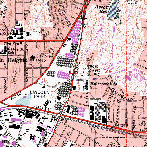 Topographic Map of KFWB-AM (Los Angeles), CA
