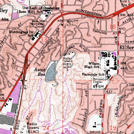 Topographic Map of KSKQ-AM (Los Angeles), CA