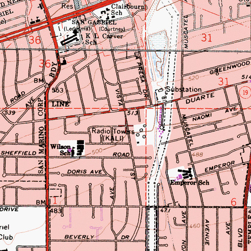 Topographic Map of KALI-AM (San Gabriel), CA