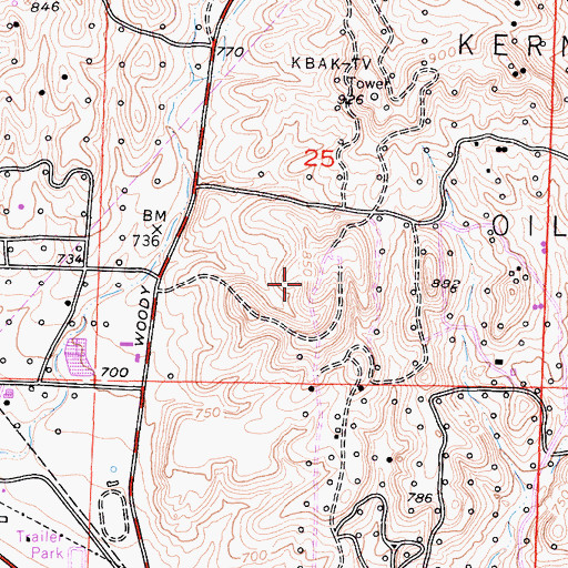 Topographic Map of KLLY-FM (Oildale), CA