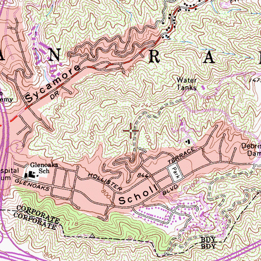 Topographic Map of Glenoaks 968 Reservoir 5-007 Dam, CA