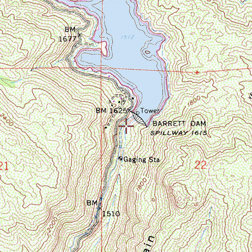 Topographic Map of Barrett Dam, CA