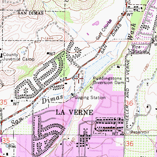 Topographic Map of Puddingstone Diversion 32-016 Dam, CA