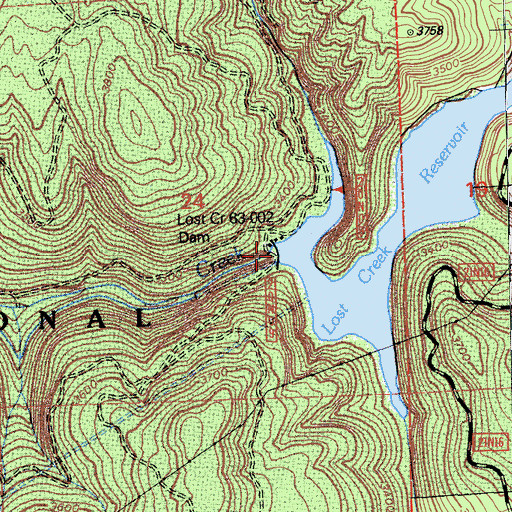 Topographic Map of Lost Creek 63-002 Dam, CA