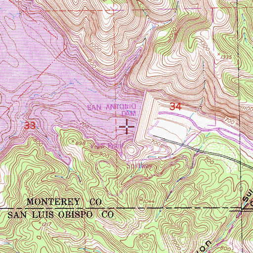Topographic Map of San Antonio 1008-002 Dam, CA