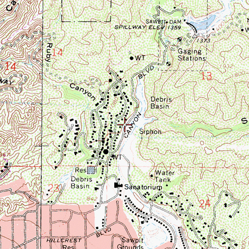 Topographic Map of Sawpit Debris Dam, CA