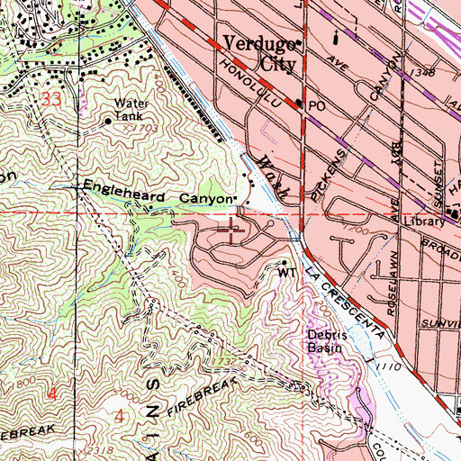 Topographic Map of Verdugo Wash Debris Basin Dam, CA