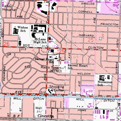 Topographic Map of KYNO-AM (Fresno), CA