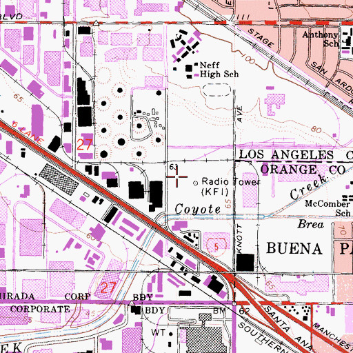 Topographic Map of KFI-AM (Los Angeles), CA
