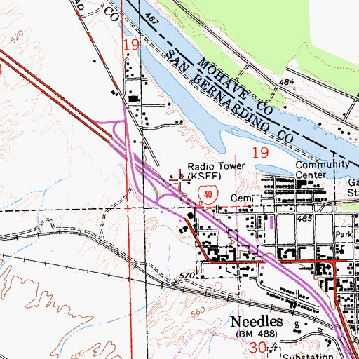 Topographic Map of KSFE-AM (Needles), CA