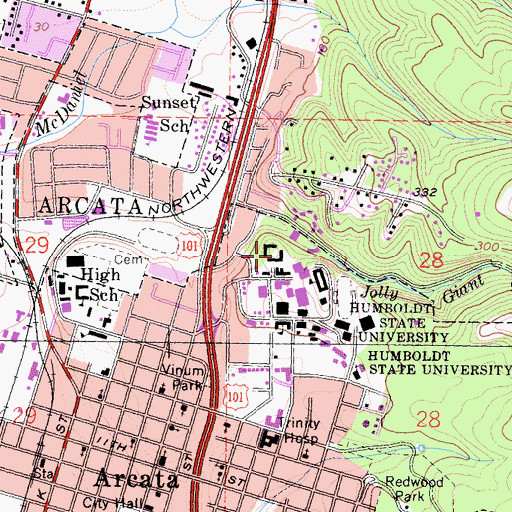 Topographic Map of Redwood Hall, CA