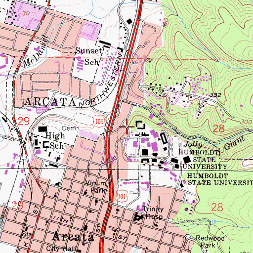Topographic Map of Sunset Hall, CA