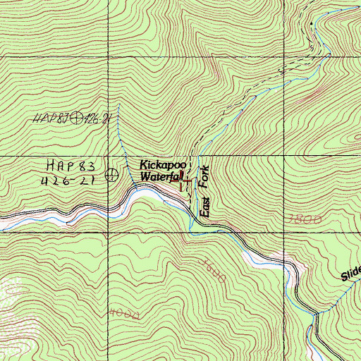 Topographic Map of Kickapoo Waterfall, CA