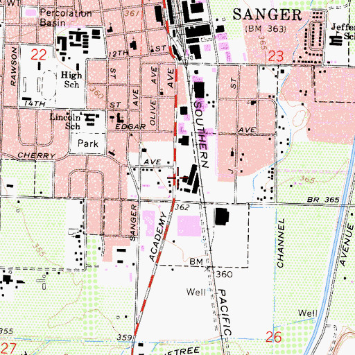 Topographic Map of Sanger Winery, CA