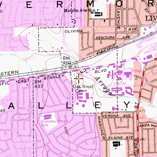 Topographic Map of Oak Knoll Pioneer Memorial Park, CA