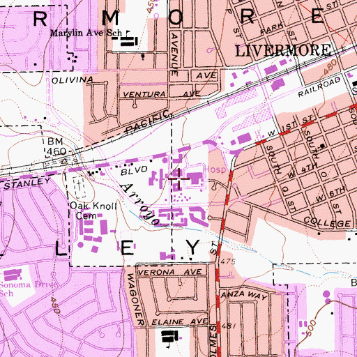 Topographic Map of Stanford Health Care - Valley Memorial Medical Center, CA