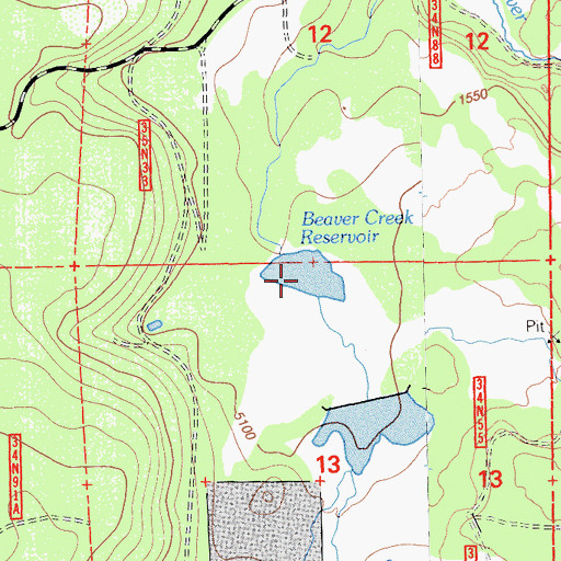 Topographic Map of Beaver Creek Reservoir, CA