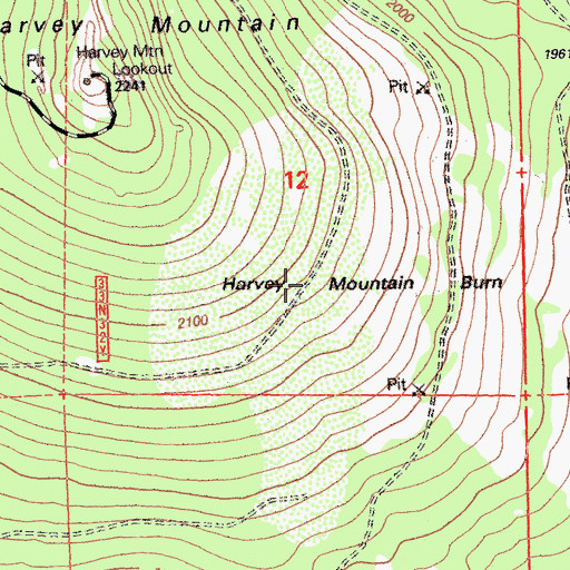 Topographic Map of Harvey Mountain Burn, CA