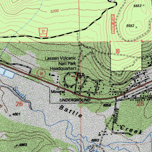 Topographic Map of Lassen Volcanic National Park Headquarters, CA