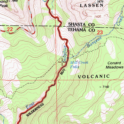 Topographic Map of Mill Creek Falls, CA