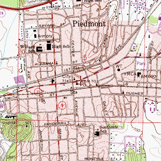 Topographic Map of Piedmont Post Office, AL