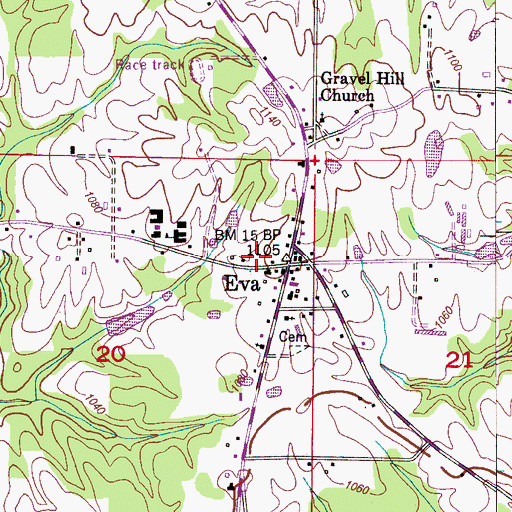 Topographic Map of Eva Post Office, AL