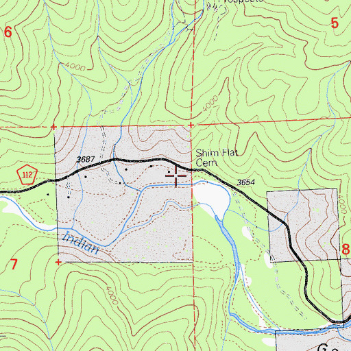 Topographic Map of Shim's Flat Cemetery, CA