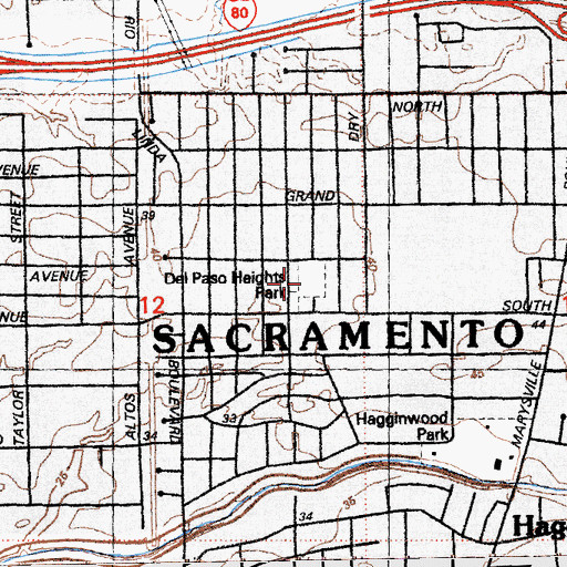 Topographic Map of Del Paso Heights Park, CA