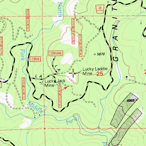 Topographic Map of Lucky Laddie Mine, CA