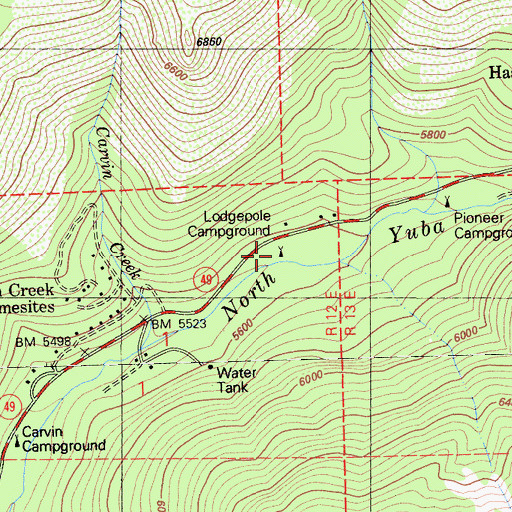 Topographic Map of Lodgepole Campground, CA