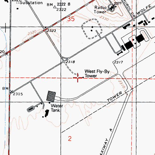 Topographic Map of West Fly-By Tower, CA