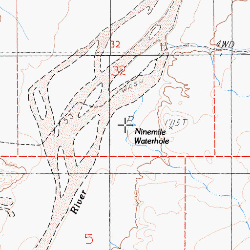 Topographic Map of Ninemile Waterhole, CA