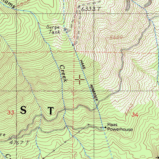 Topographic Map of Haas Penstock, CA