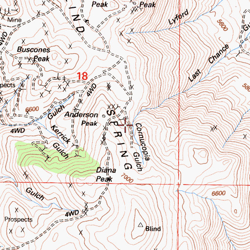 Topographic Map of Cornucopia Gulch, CA