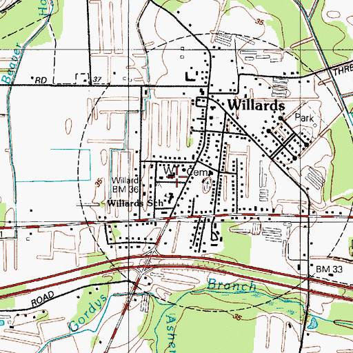 Topographic Map of Willards Town Hall, MD